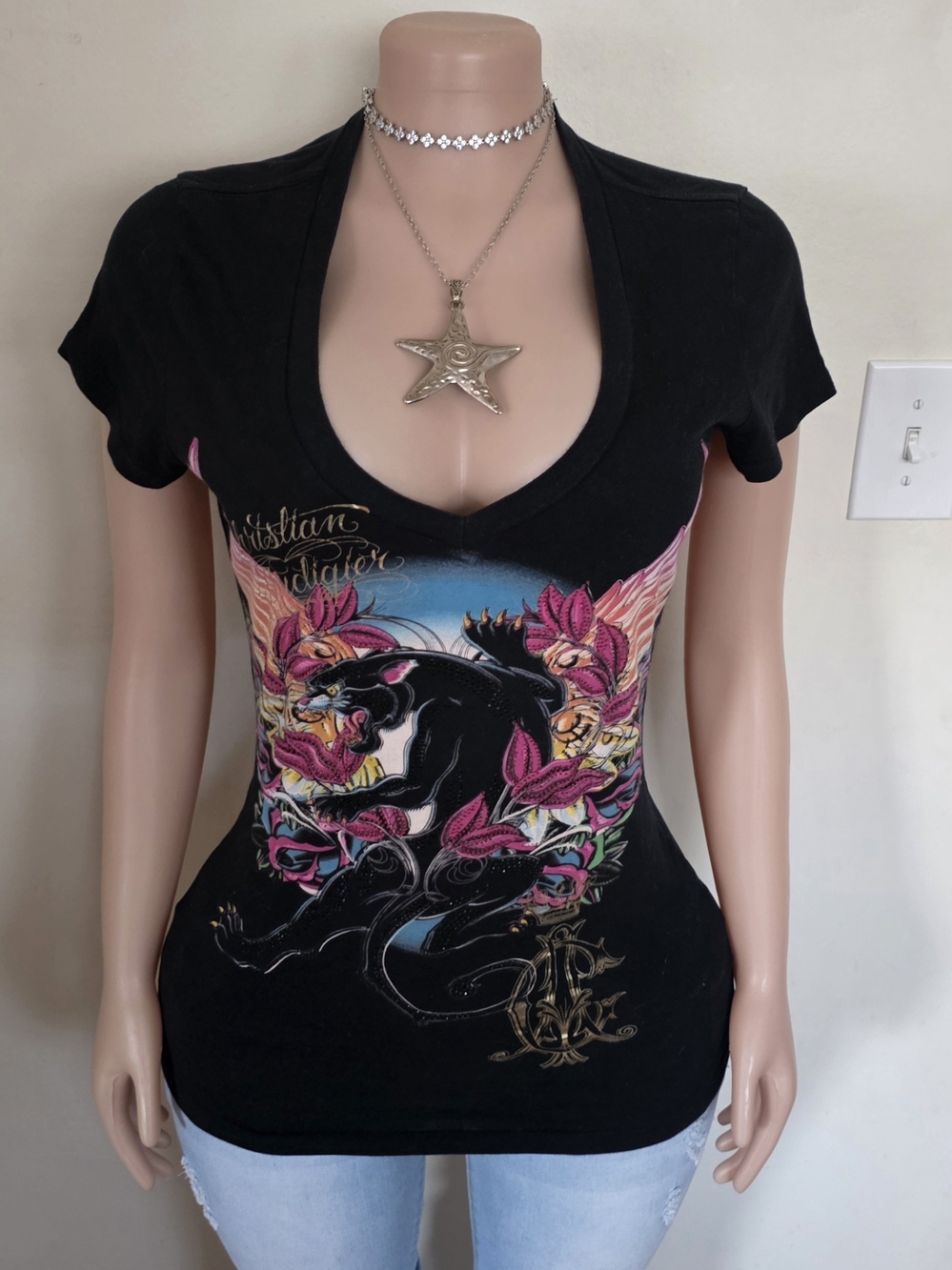 Christian Audigier Black Short Sleeve V-Neck Tee with Pink and Blue Graphic